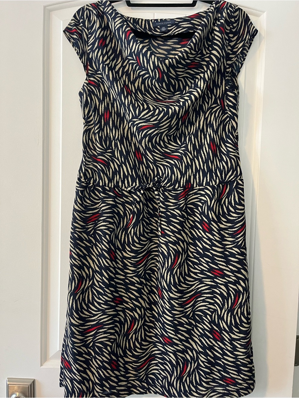 Tommy Hilfiger Navy, Cream & Red Patterned Cowl-Neck Midi Dress